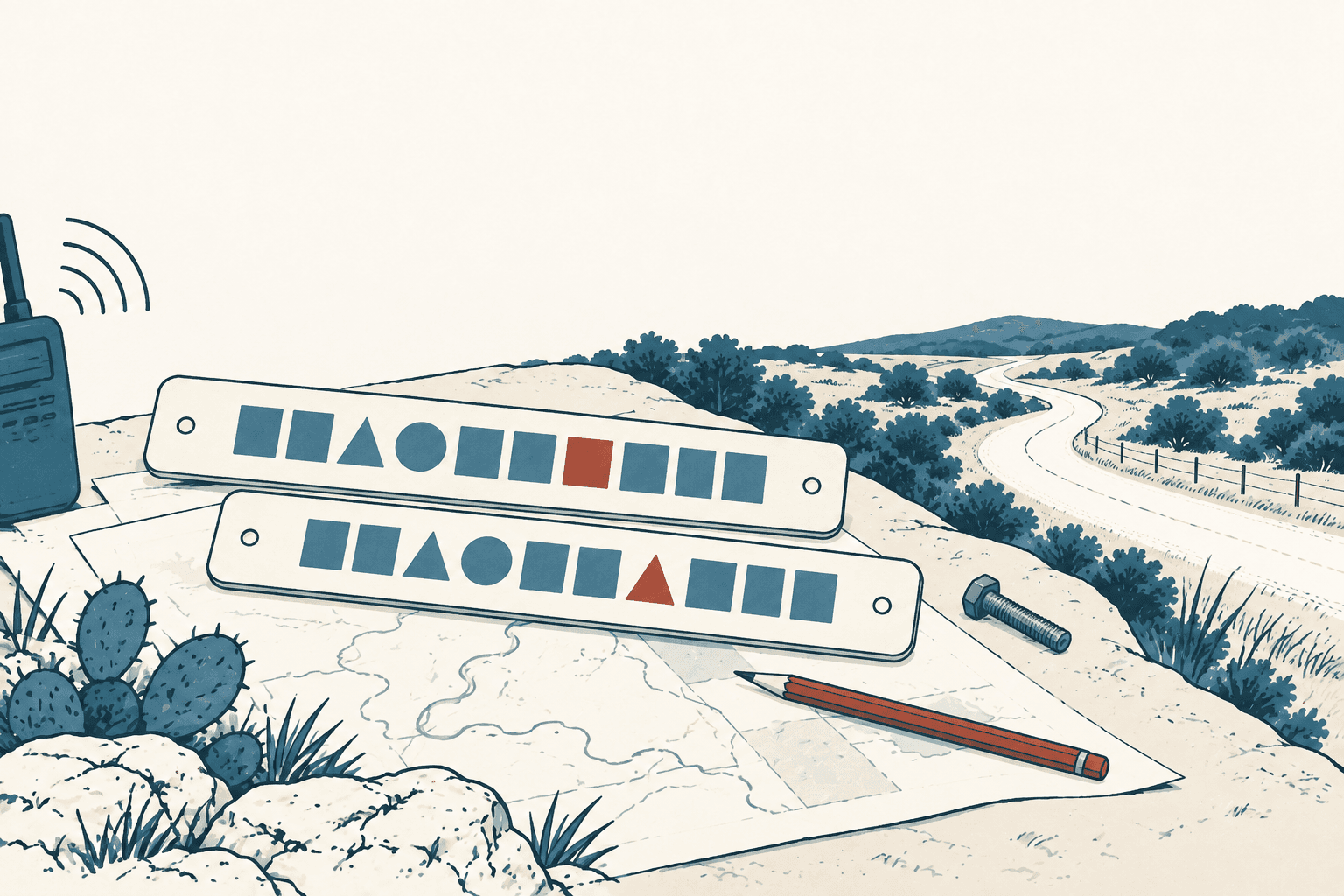 Editorial illustration of two record strips with nearly identical symbol sequences, one differing shape highlighted in rust, resting on a rural road map beside a radio and pencil.