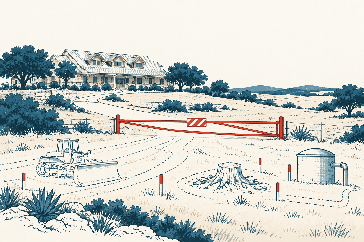 Stylized cream-and-navy illustration of a closed red ranch gate, bulldozer, tree stump and water equipment on a rural property, with a large house and hills in the distance.