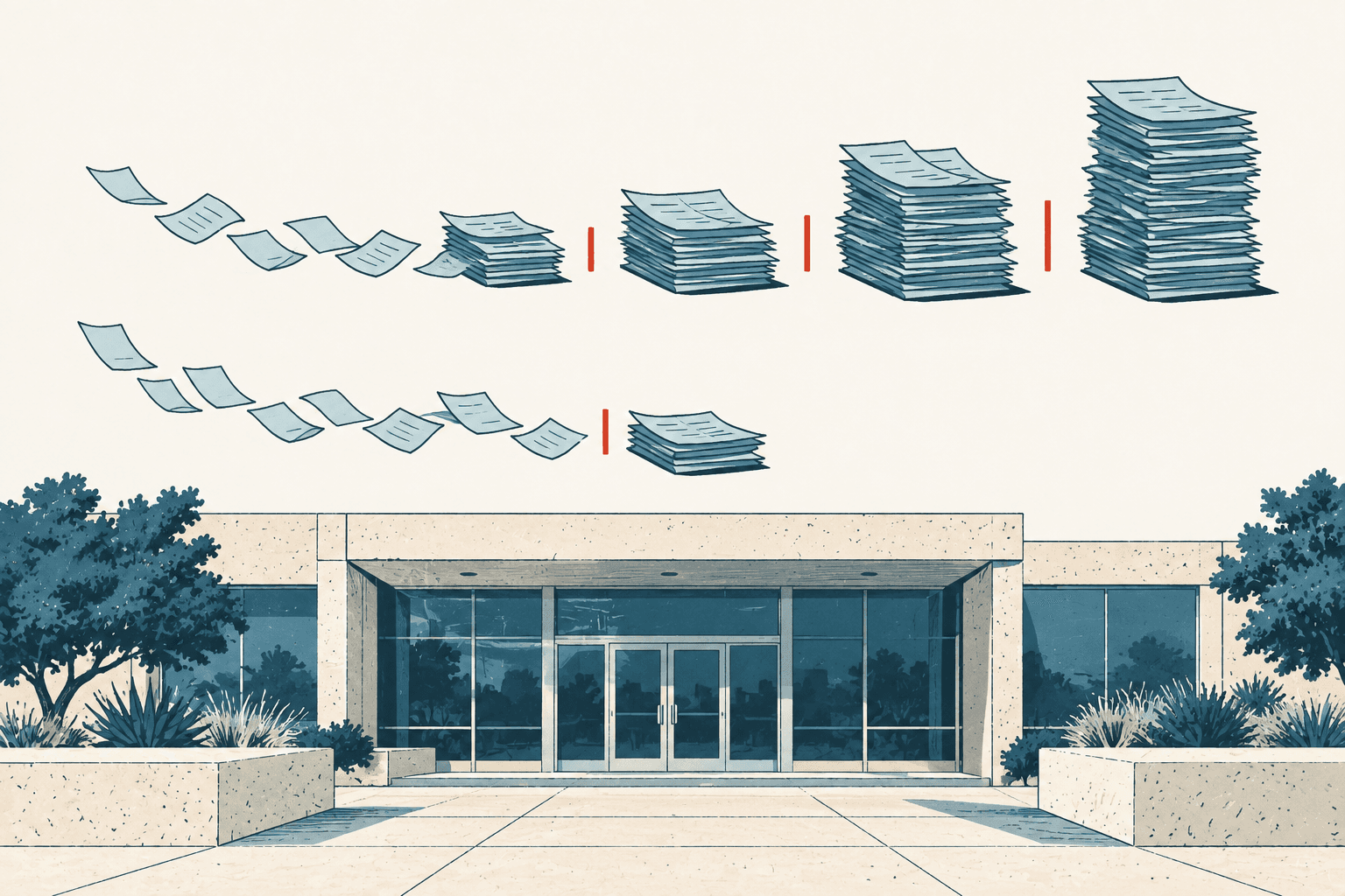 Stylized cream, navy and muted-blue illustration of loose papers and growing document stacks above the entrance to a government building, with red dividers suggesting discrepancies in reported totals.
