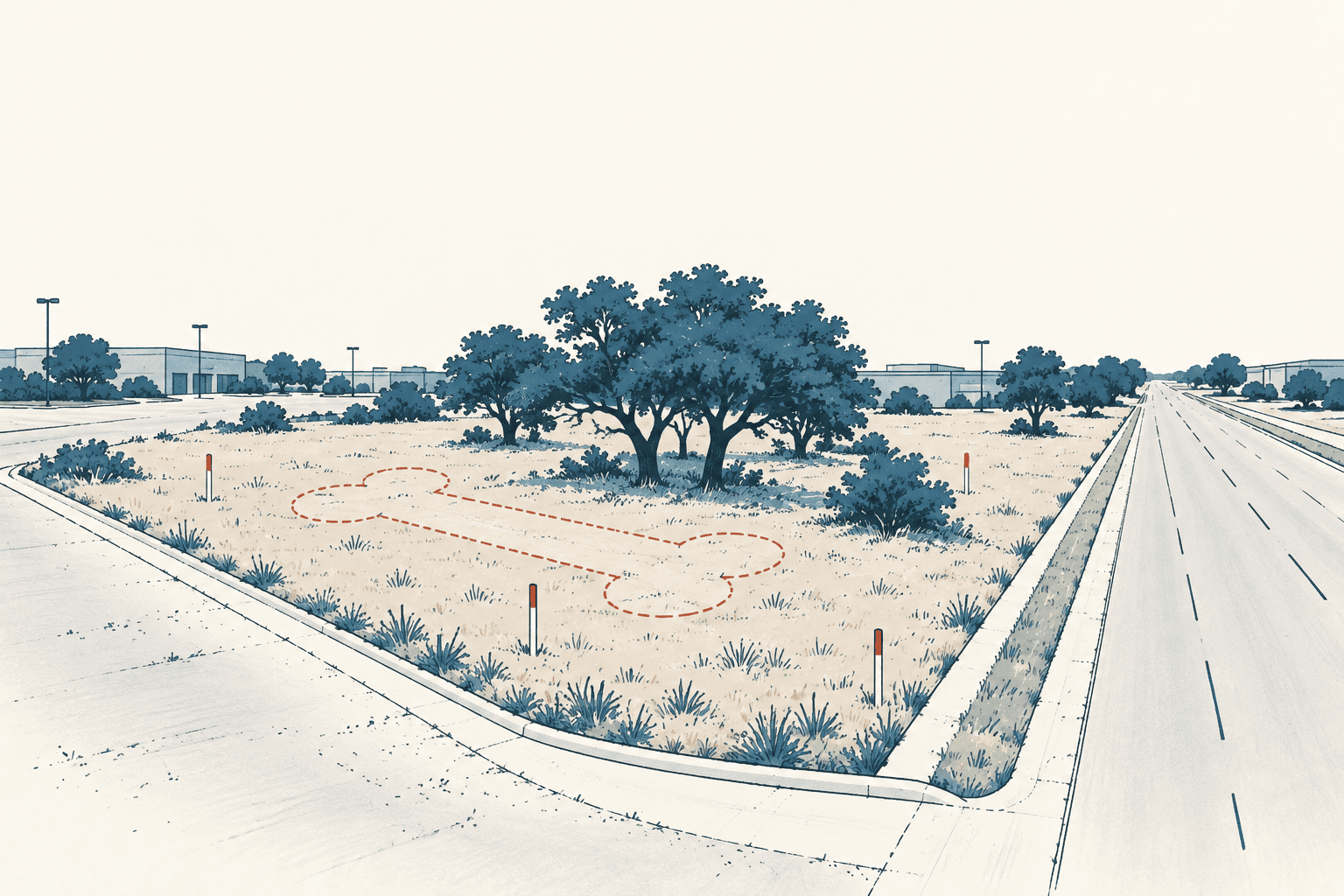 Airy cream-and-muted-blue illustration of an undeveloped roadside lot with trees, nearby commercial buildings and a dashed dog-bone outline on the ground.