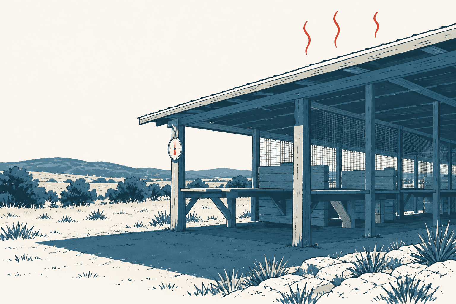 A navy-and-cream illustration of an open-sided rural shelter under intense heat, with a hanging thermometer, red heat waves, scrub plants and distant hills.
