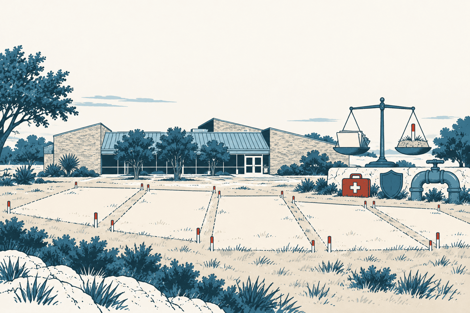 Stylized cream, navy and muted-blue illustration of a municipal building behind surveyed parcels, with scales, a medical kit, a shield and a water pipe nearby.