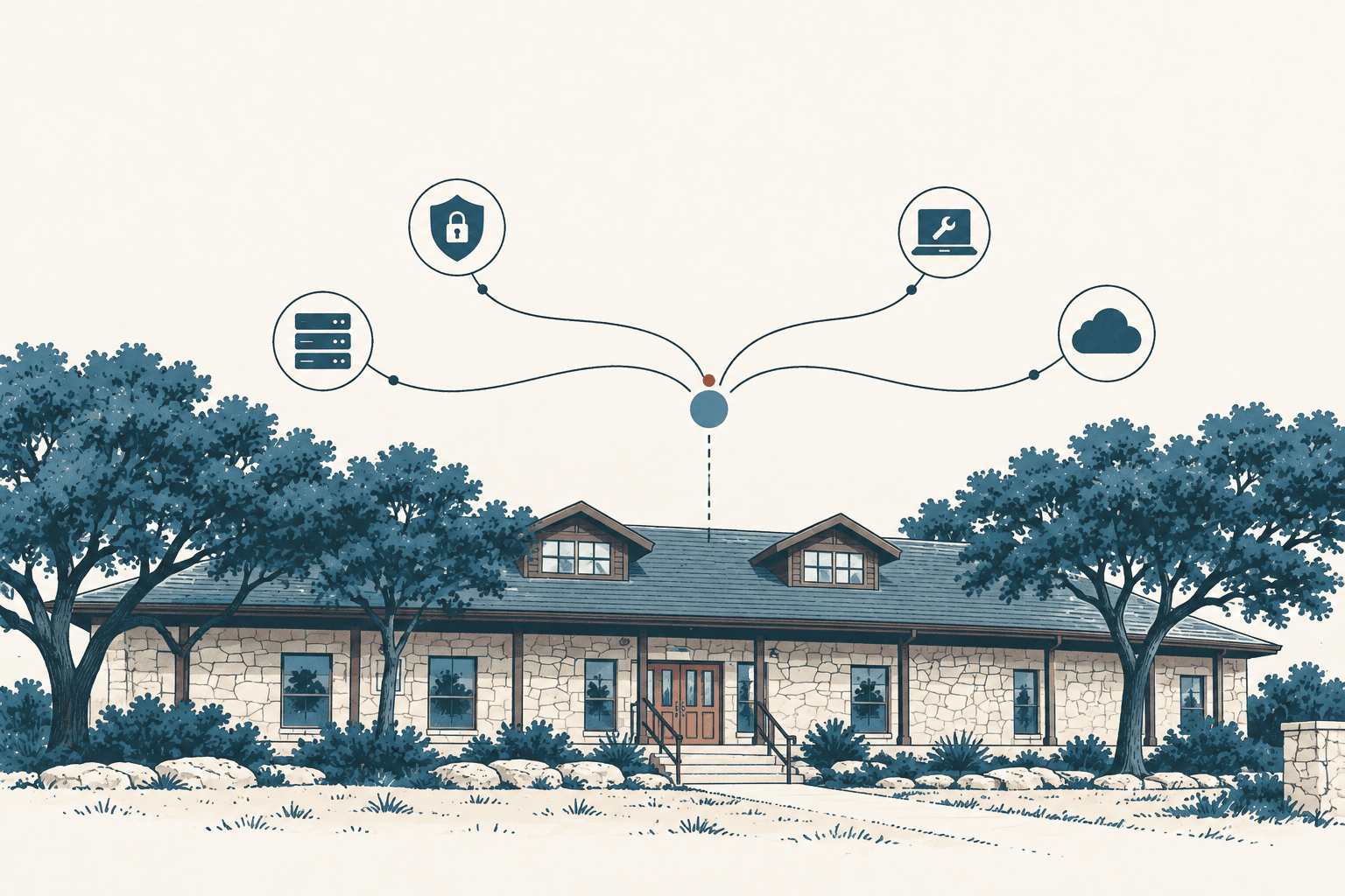 Stylized cream and muted-blue illustration of a municipal building beneath connected icons for cybersecurity, servers, technical support and cloud services.