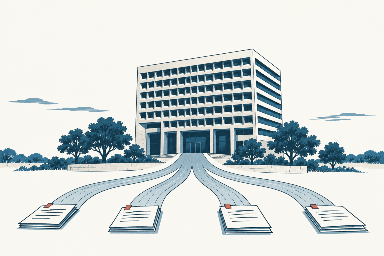 Stylized cream, navy and muted-blue illustration of four stacks of documents connected by separate paths to a large government office building.