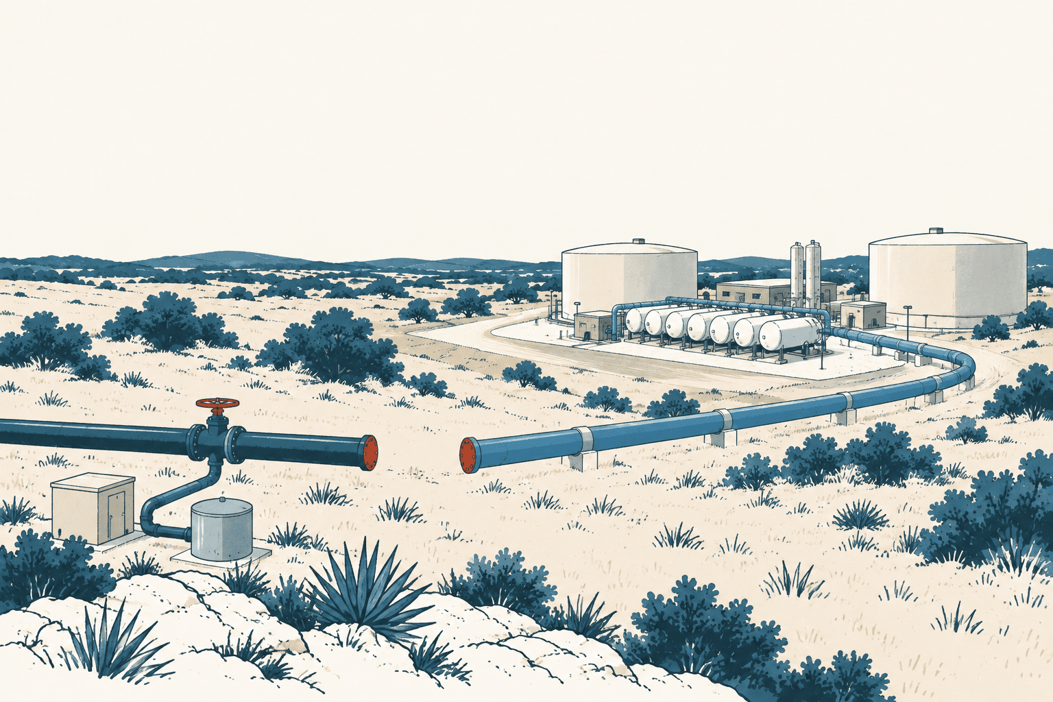 Airy cream, navy and muted-blue illustration of a disconnected pipeline crossing scrubland toward water storage tanks and treatment equipment.