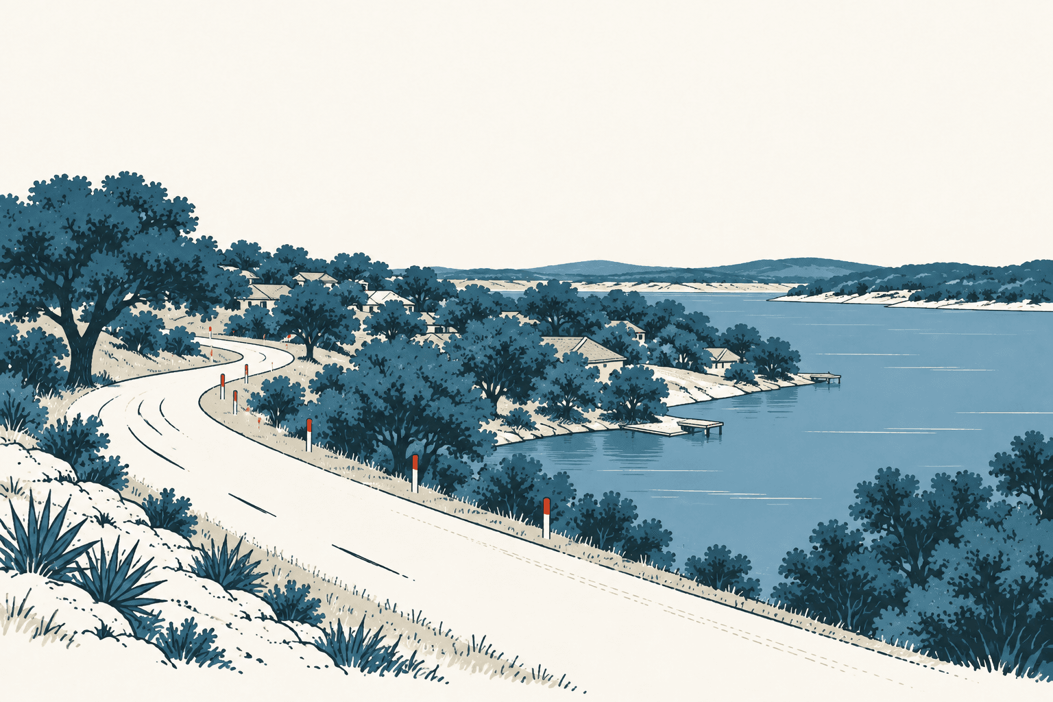 Airy cream, navy and muted-blue illustration of a curving lakeside road bordered by trees, homes and roadside markers.