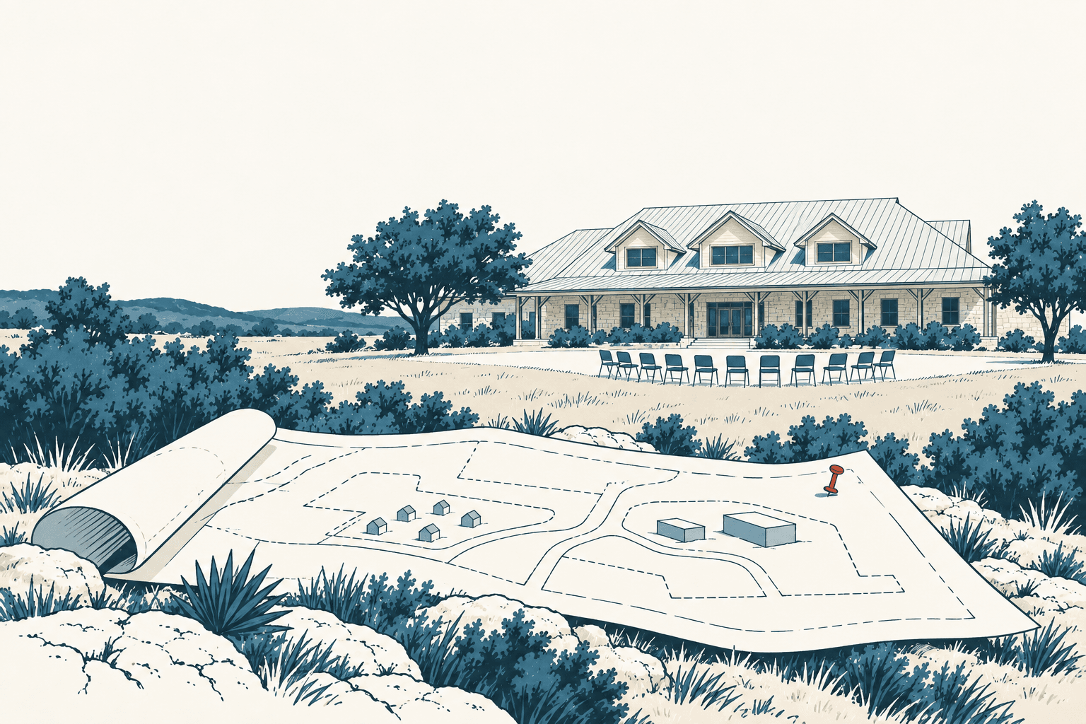 An illustrated development map lies among Hill Country plants, with an empty row of chairs and a large ranch-style building in the distance.