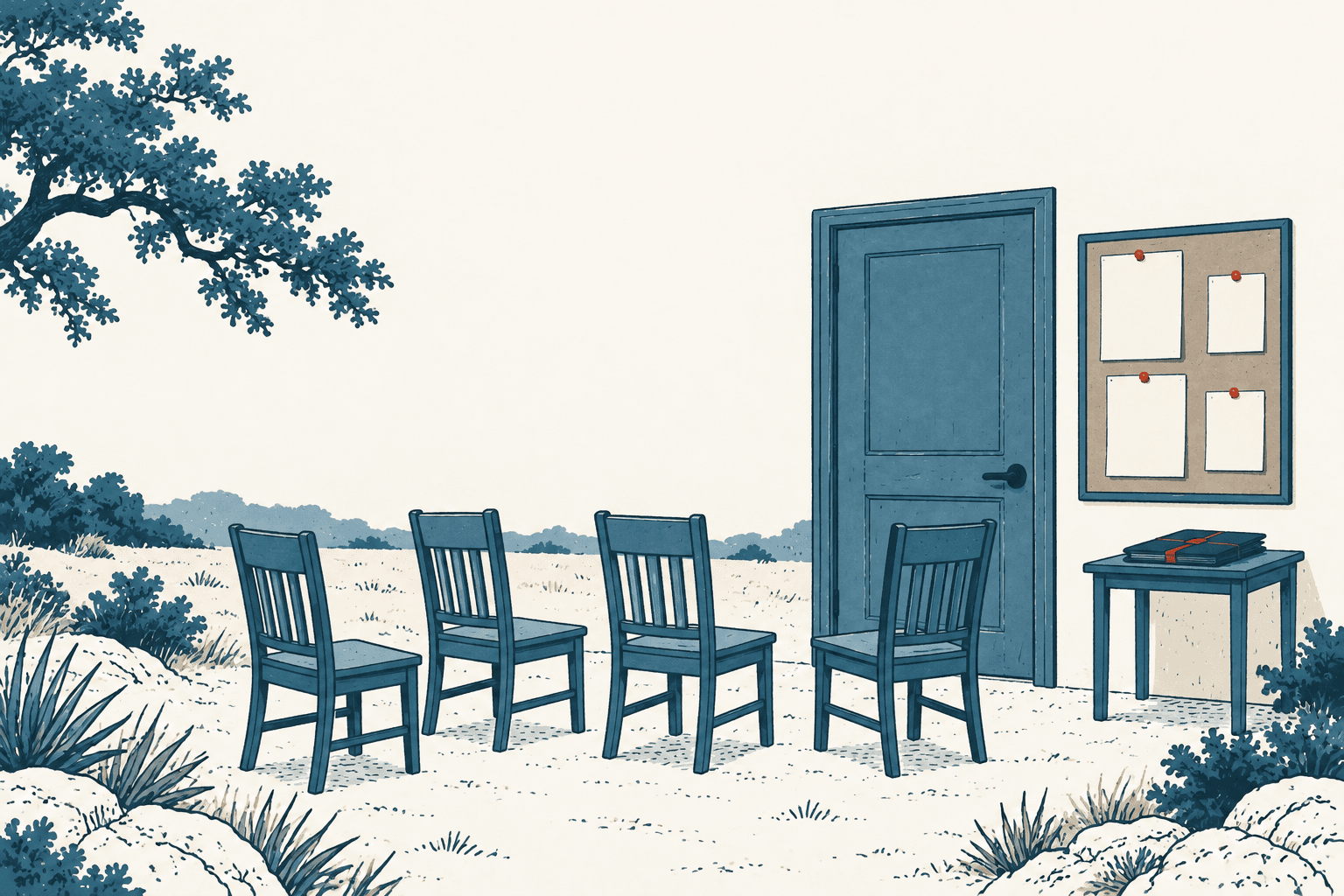 Four empty chairs stand near a closed blue door, a blank bulletin board, and a table holding folders in an airy cream-and-muted-blue landscape.