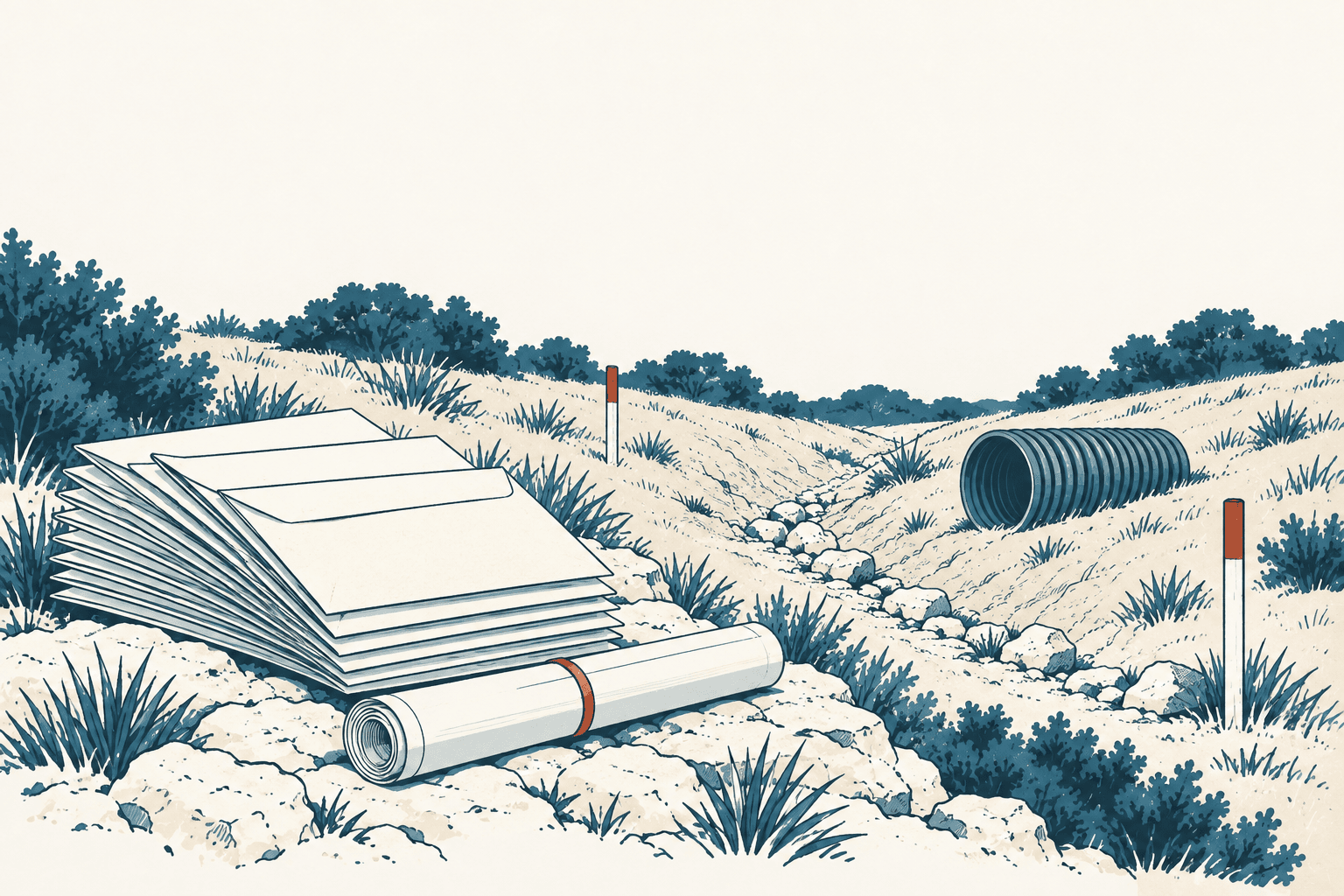 Illustration of stacked construction plans and a rolled blueprint beside a dry drainage channel with a large corrugated pipe in a scrubby landscape.