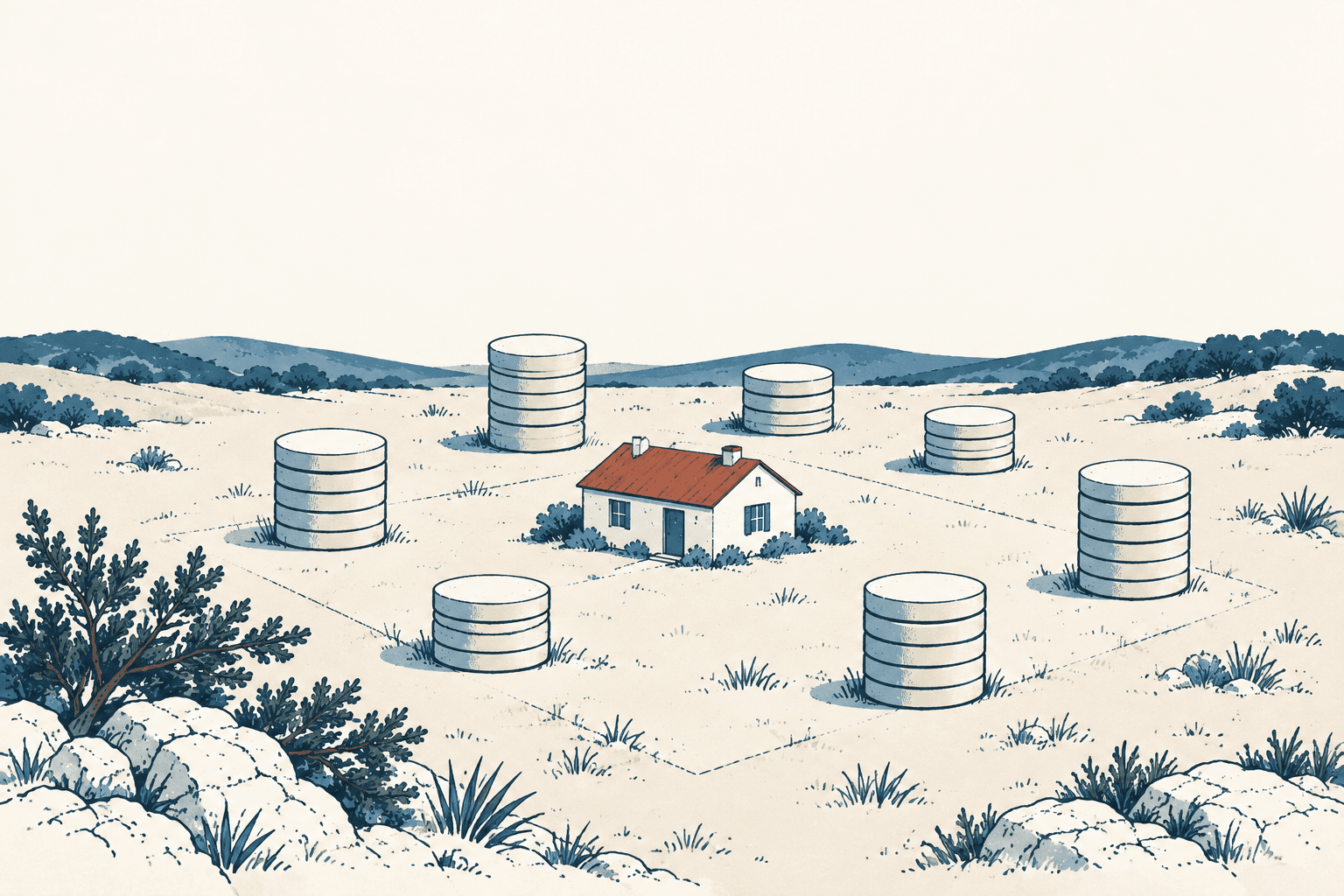 A small house in a cream colored landscape is surrounded by seven blue cylindrical markers, shrubs, and distant hills.