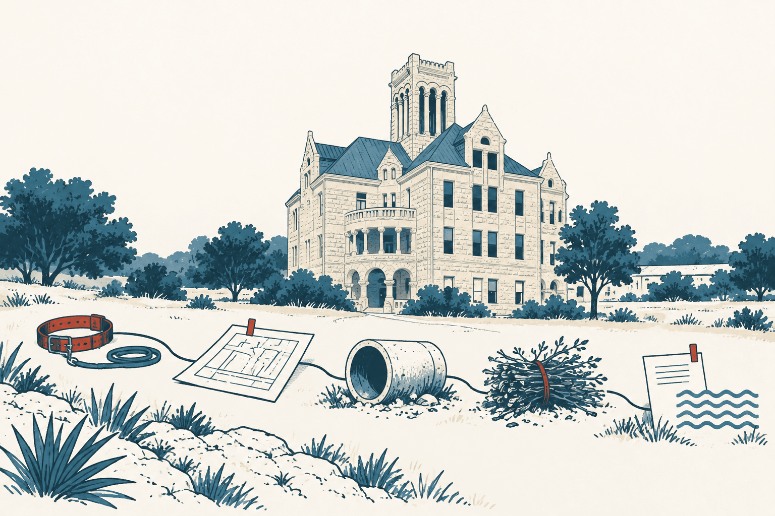 Airy cream, navy and muted-blue illustration of a historic county courthouse with a dog collar, site plan, concrete pipe, tied brush and abstract fee sheet arranged in the foreground.