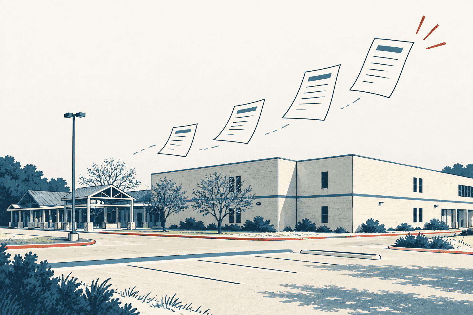Airy cream and navy illustration of a school campus with four report-card sheets floating upward overhead.
