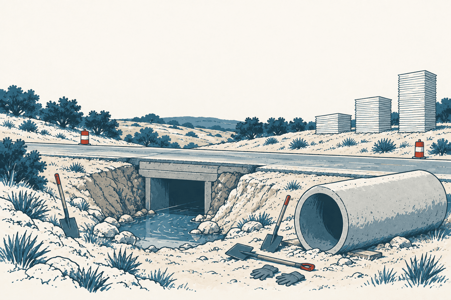 Editorial illustration of a rural road crossing a drainage channel, with concrete pipe sections, shovels, gloves and stacks of construction materials awaiting installation.