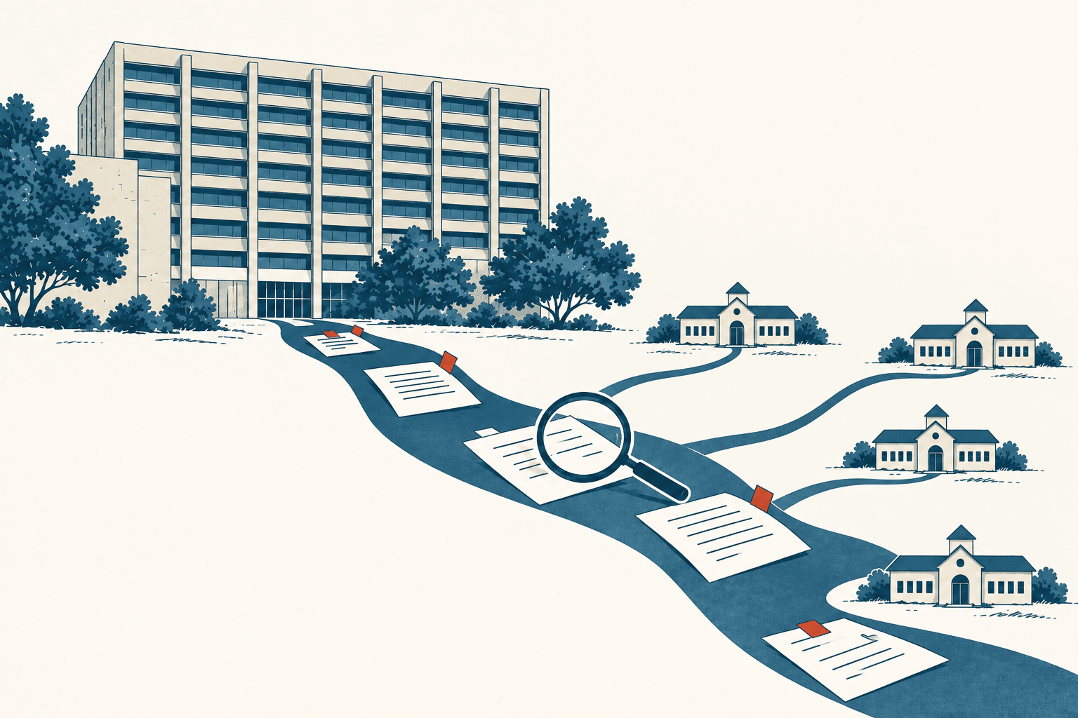Editorial illustration of a large government office connected by winding paths and financial documents to four small school buildings, with a magnifying glass examining the paperwork.