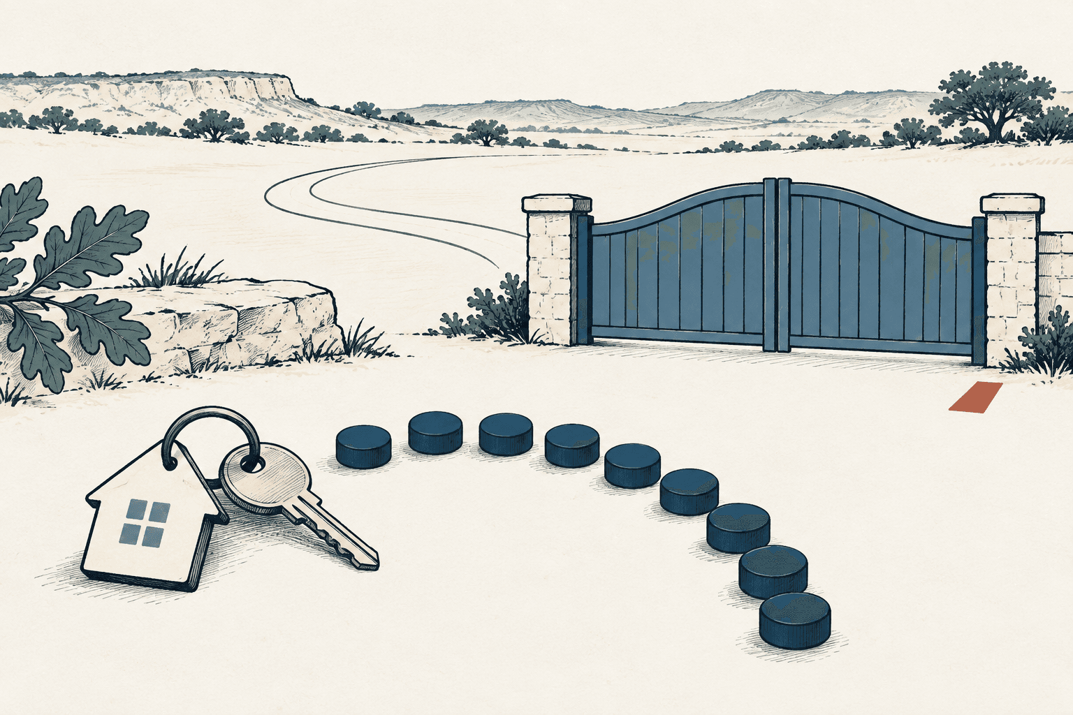 Airy hand-drawn illustration of house keys and nine navy markers leading toward a closed blue gate in a cream-toned rural landscape.