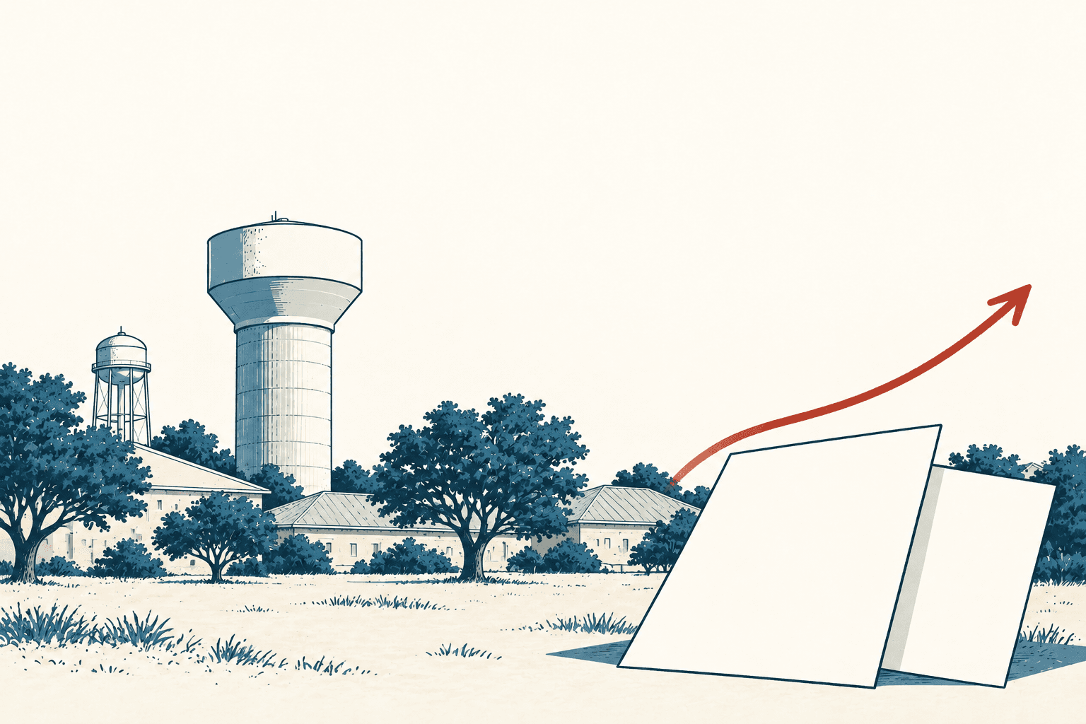 Cream and navy illustration of water towers, buildings and trees, with blank paper shapes in the foreground and a rust-colored arrow rising across the sky.