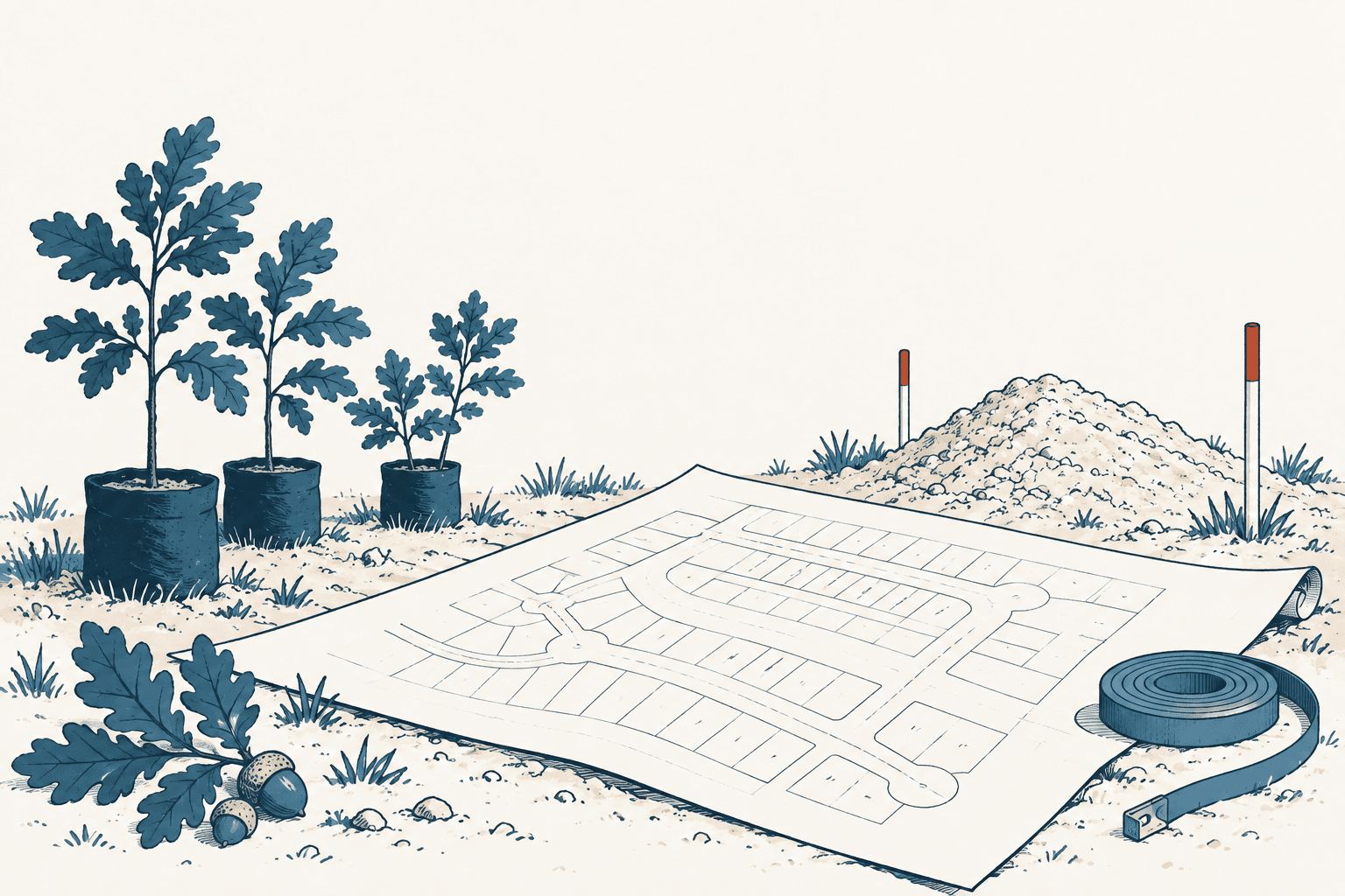 Illustrated subdivision blueprint spread across a cleared site beside three potted young trees, a mound of soil, survey stakes and a measuring tape.