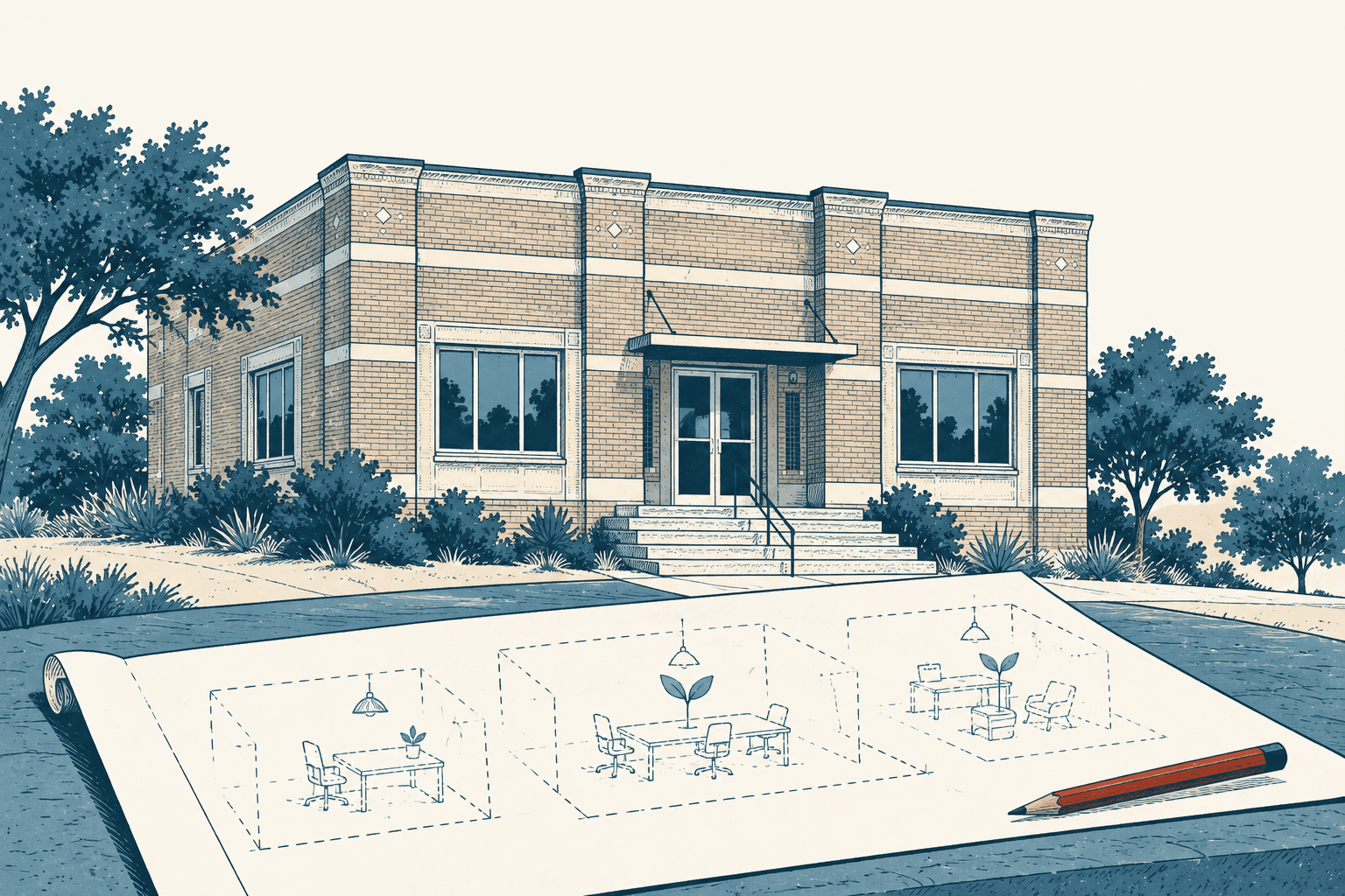 A line drawing of a brick civic building behind a rolled blueprint showing three small office layouts and a pencil.