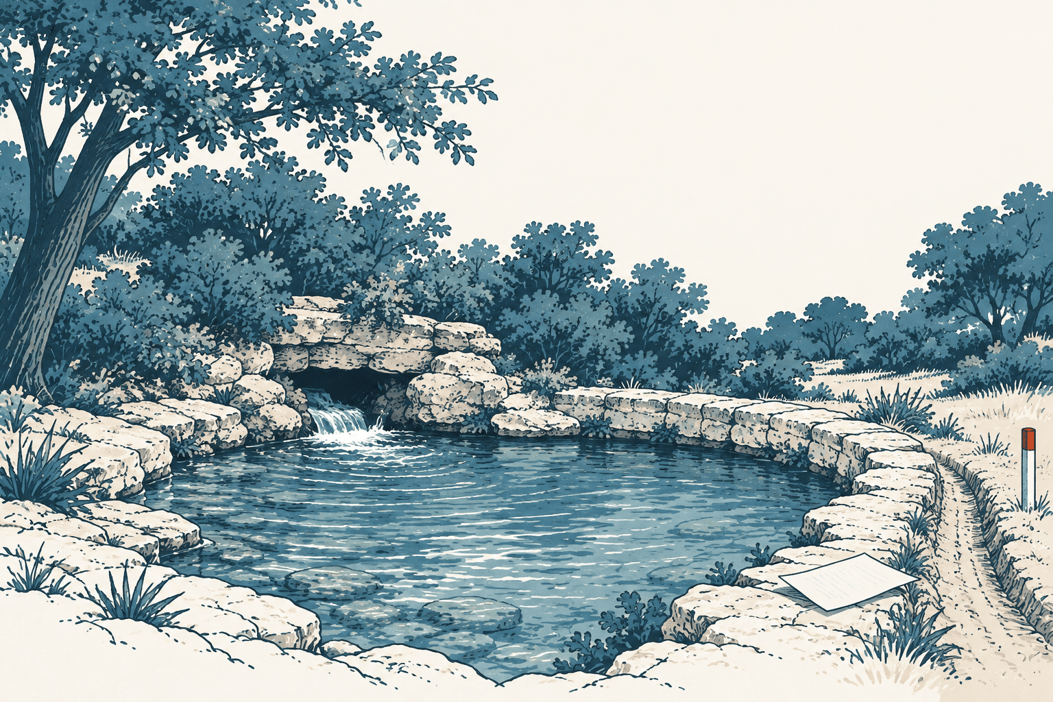 Blue spring-fed pool surrounded by pale limestone, shrubs and trees, with a small sheet of paper on the bank.