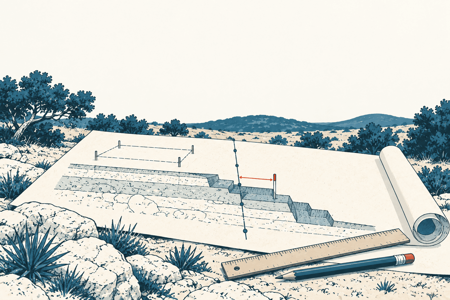 An illustrated excavation profile on a rolled site plan, with measuring tools in the foreground and rocky, tree-covered hills beyond.