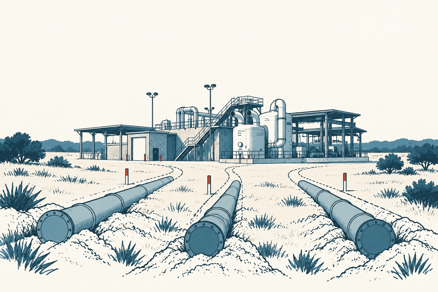 Stylized cream, navy and muted-blue illustration of three large pipelines running across scrubland toward an industrial water and wastewater facility.