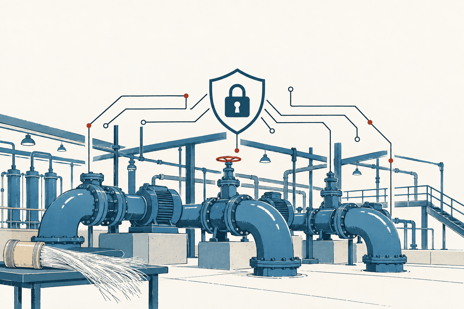 Illustrated water utility with large blue pipes, pumps, and valves beneath a shield-and-padlock cybersecurity symbol.