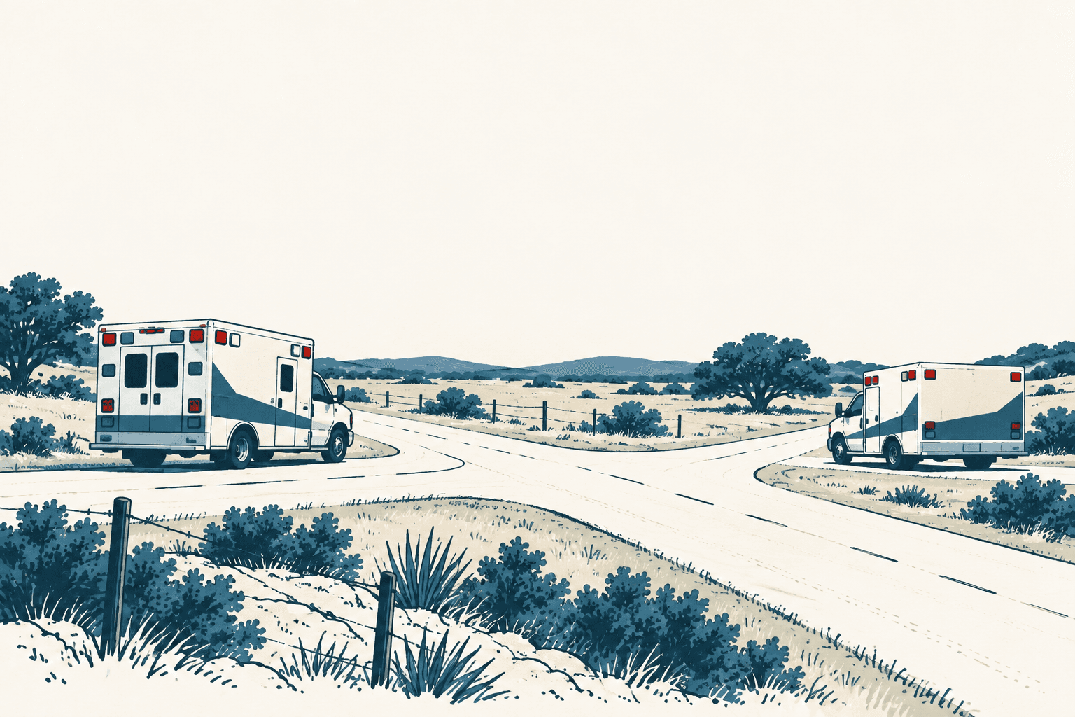 Two ambulances sit on diverging rural roads amid open fields, shrubs and distant blue hills.