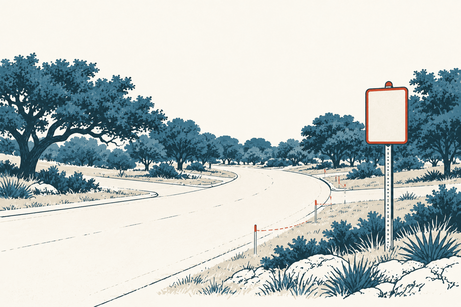 Illustrated curving road through a tree-lined landscape with a blank roadside sign in the foreground.