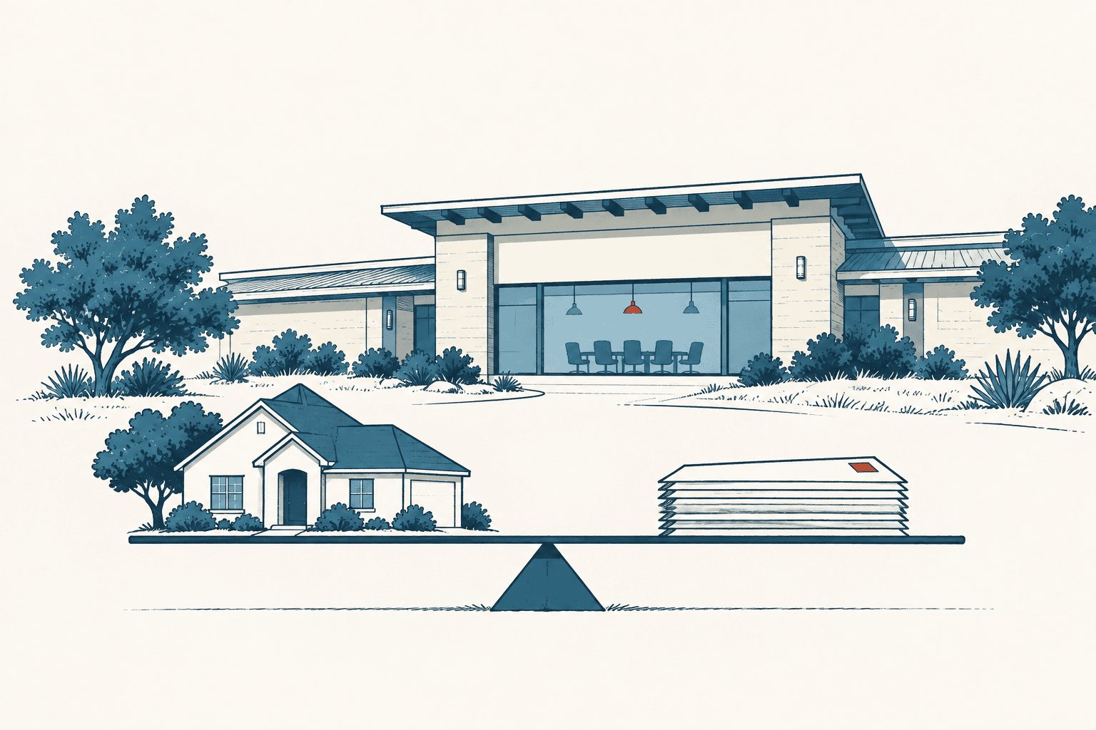 Stylized illustration of a city building above a balanced scale holding a suburban home on one side and a stack of documents on the other.