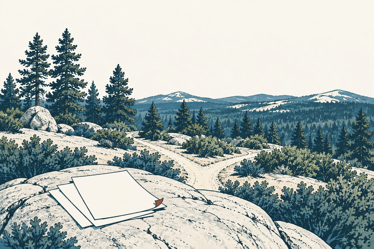 Blank sheets of paper rest on a rocky overlook above a winding trail, pine forest, and distant mountains.