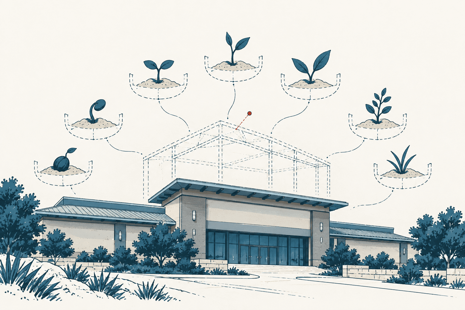 Airy cream-and-navy illustration of a modern business center beneath six seedlings at different growth stages, connected by lines to a sketched incubator structure.