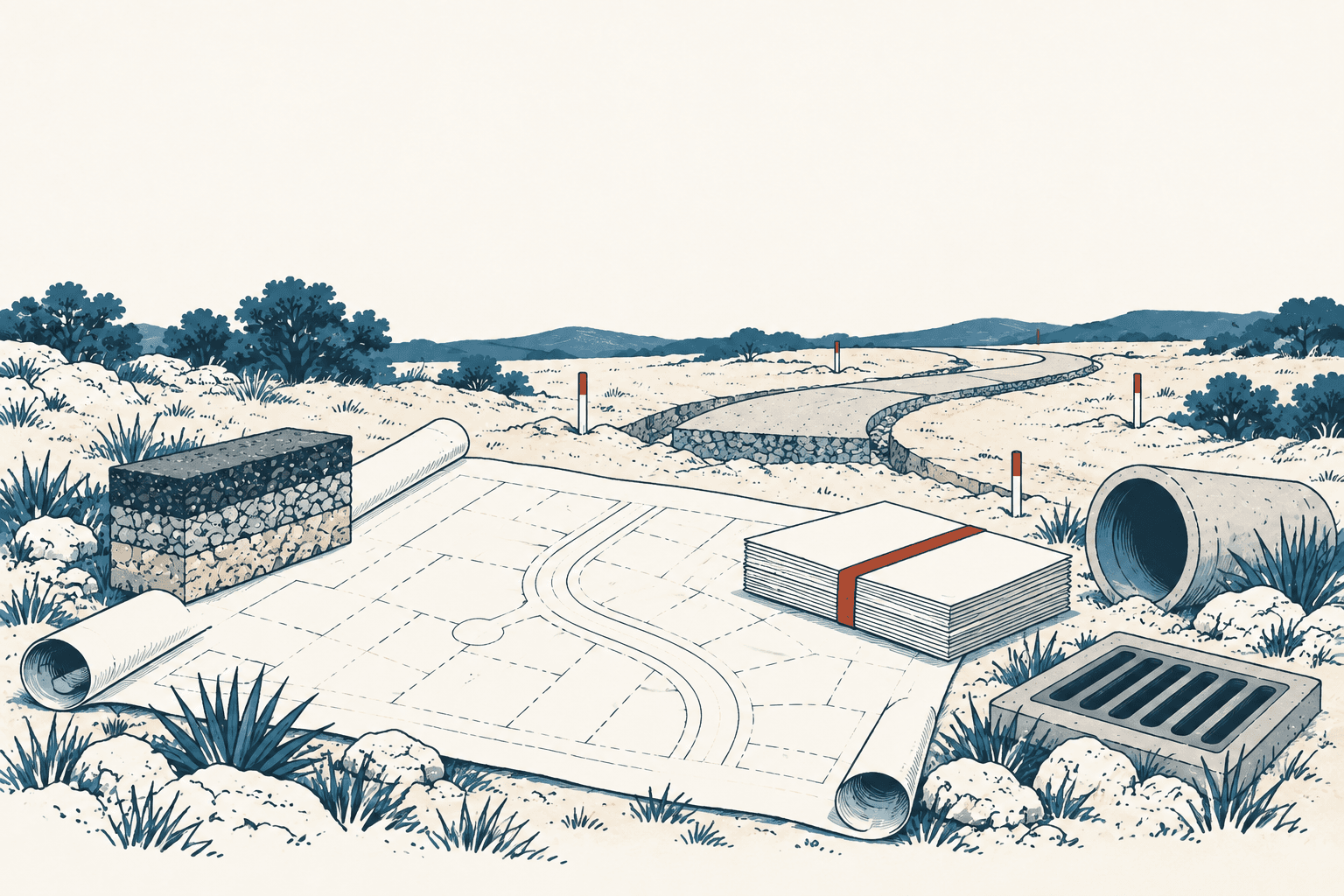 Illustration of rolled road plans, bundled documents, pavement layers, drainage pipes and a storm drain beside a winding rural road.