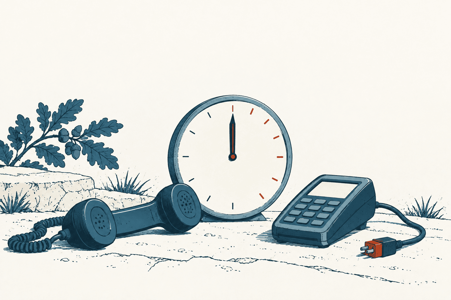 Illustrated telephone handset, payment terminal with an unplugged cord, and clock on a cream background with blue oak branches.