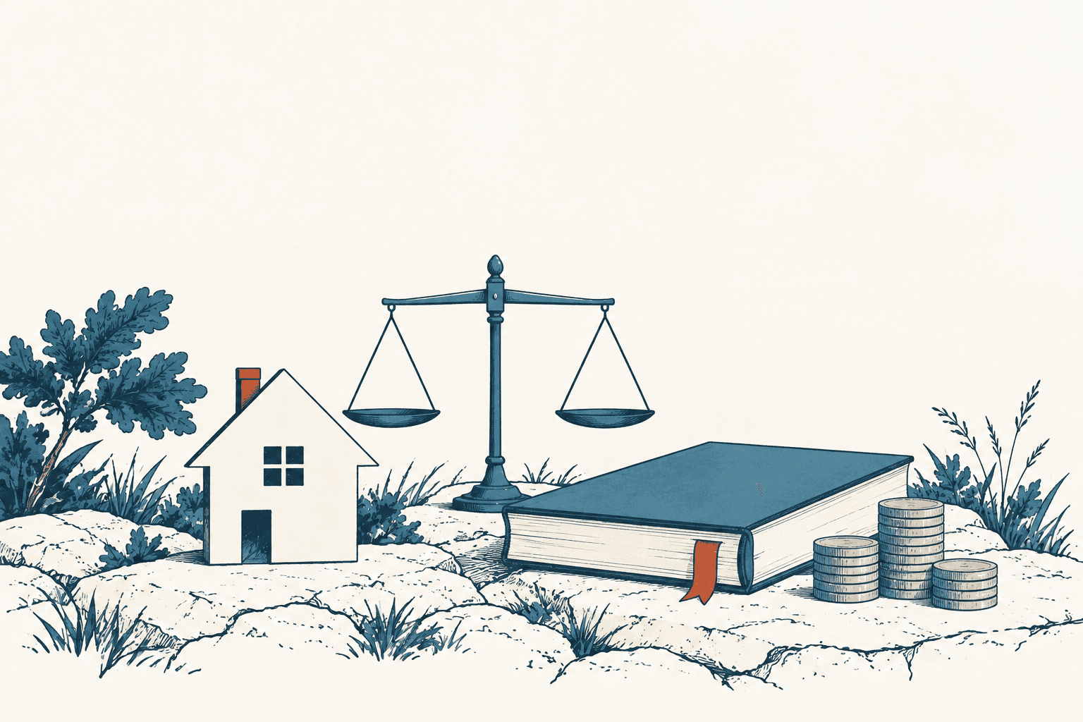 Stylized navy-and-cream illustration of a house beside balanced scales, a large ledger and stacks of coins.