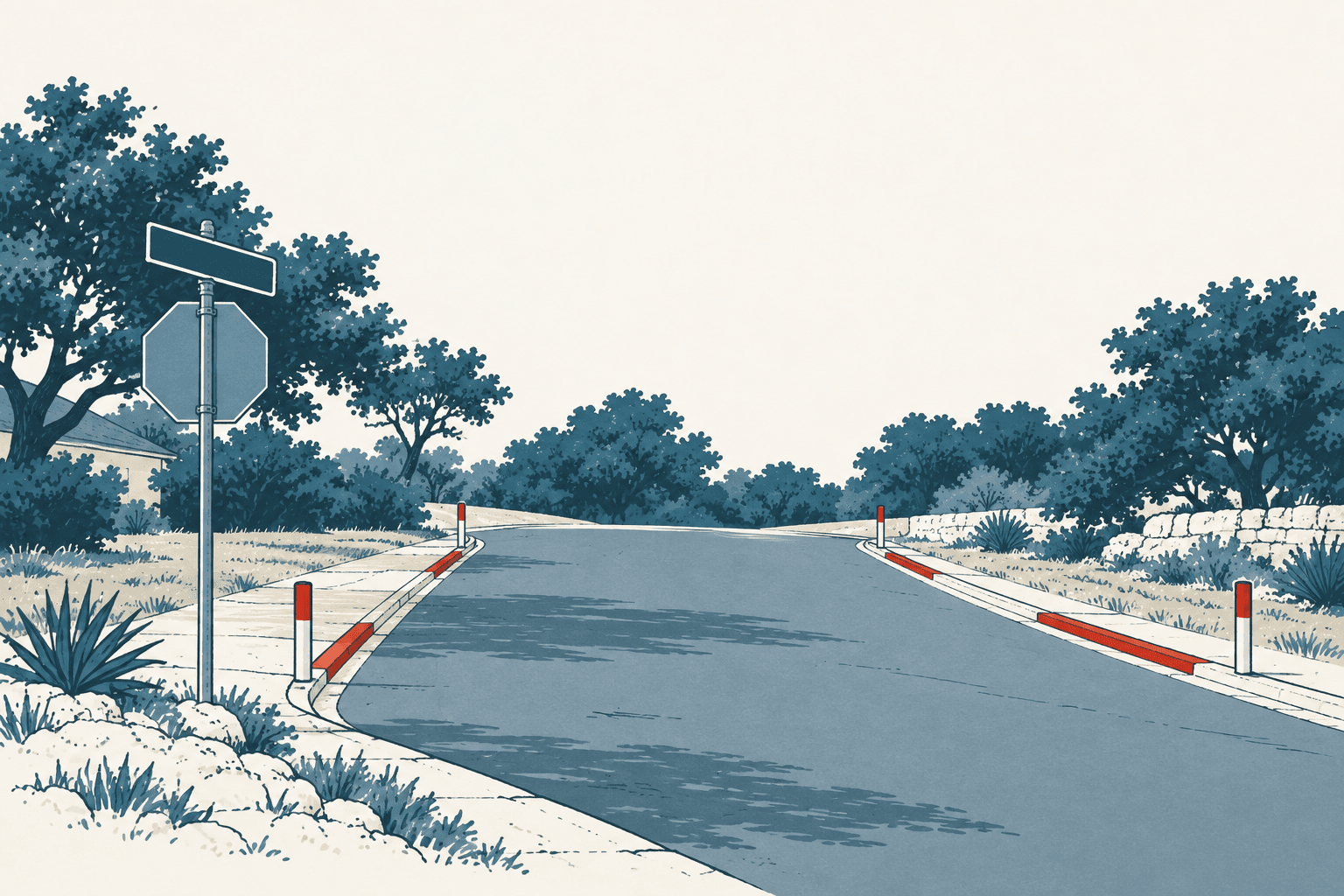Illustrated empty neighborhood road curving past red-and-white curb markings, roadside posts, trees, and low stone walls.