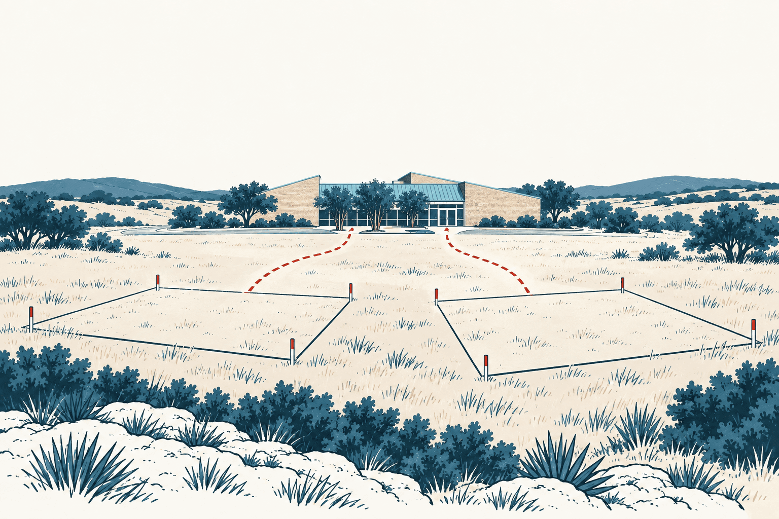 Airy cream, navy and muted-blue illustration of outlined rural parcels, red dashed routes and a modern civic building amid low hills and scrub.