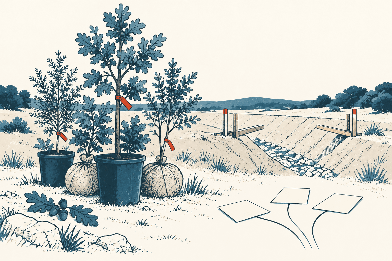 Airy cream-and-navy editorial illustration of tagged young trees beside a reinforced drainage channel, with three blank papers in the foreground representing tax-rate options.