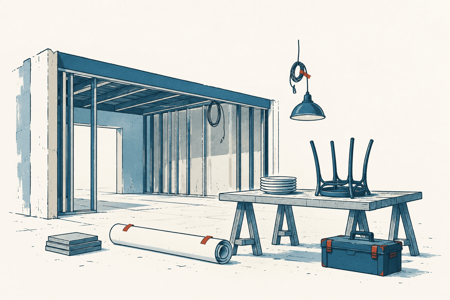 Airy blue-and-cream illustration of a restaurant build-out with exposed framing, hanging wires, a workbench, stacked plates, rolled plans and a toolbox.