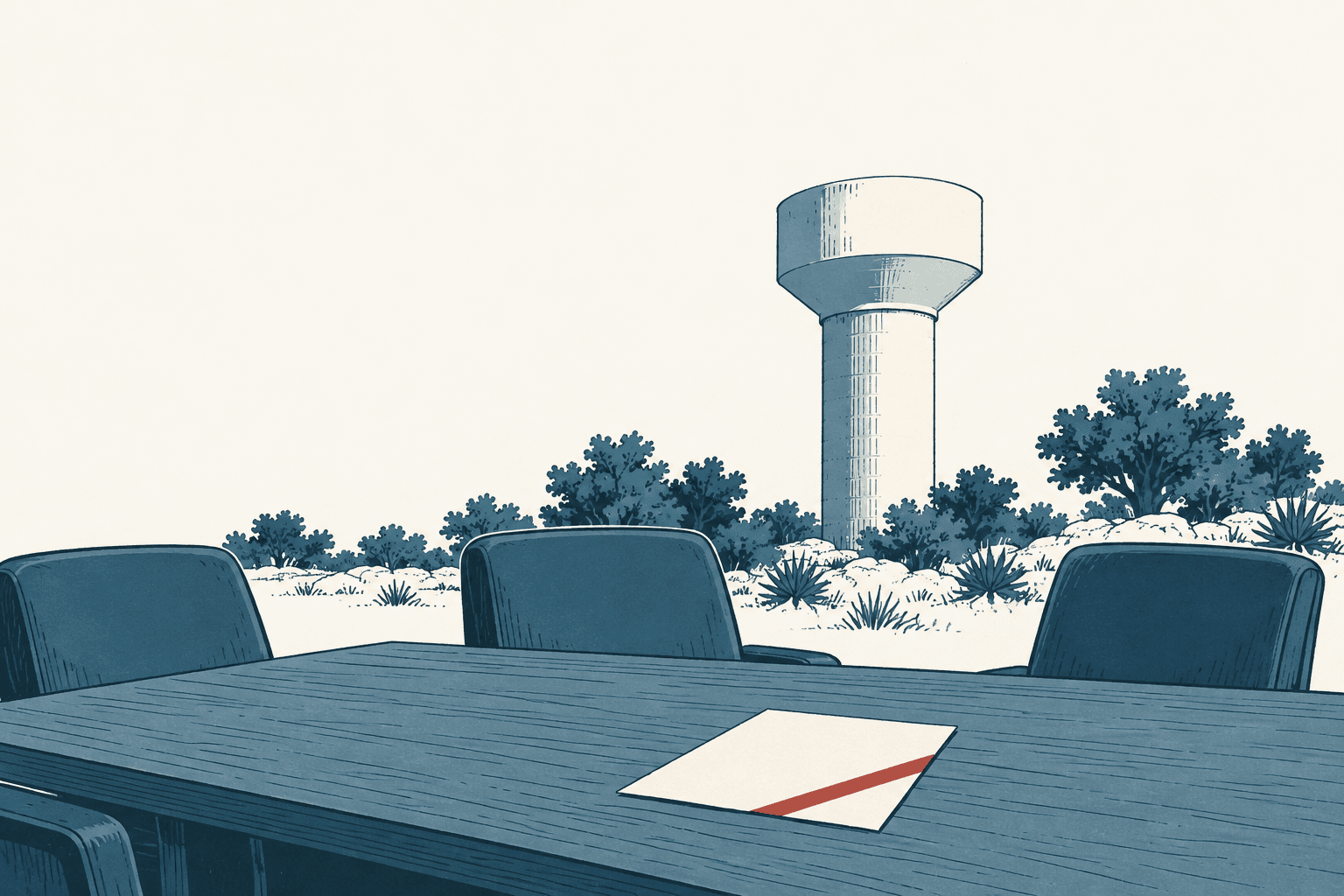 An empty blue meeting table with three chairs and a blank sheet of paper, with a water tower and trees beyond.