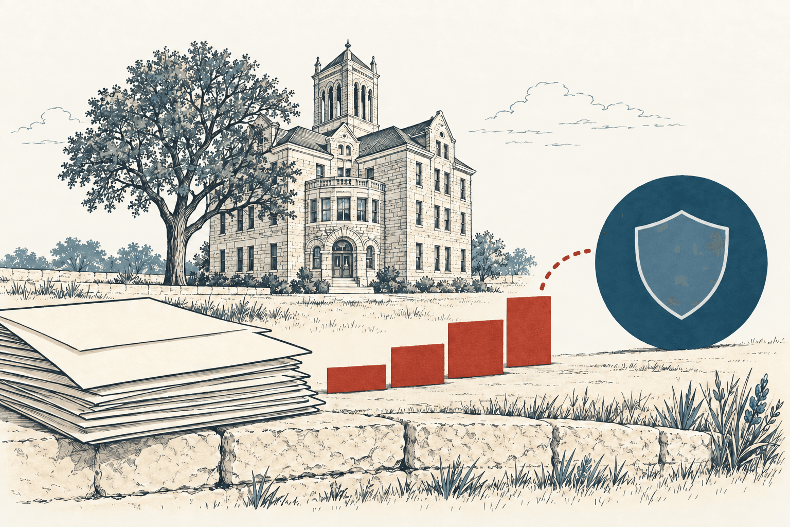 Airy hand-drawn illustration of a county courthouse, stacked papers, four rising rust-colored bars and a blue shield, suggesting increasing retiree health coverage costs.