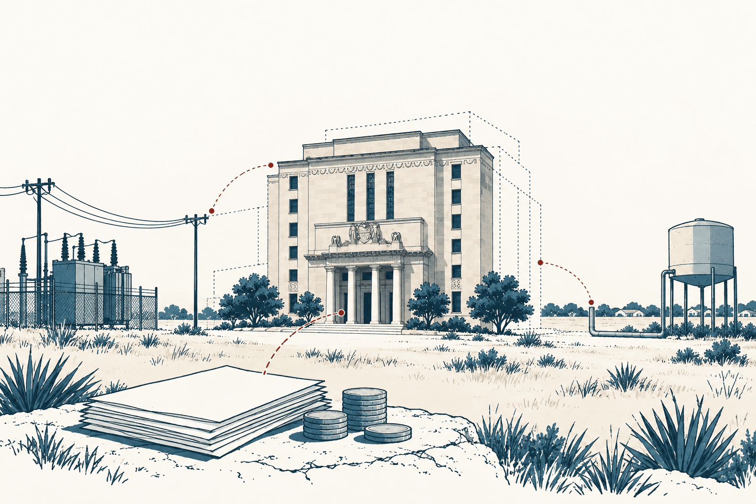 Editorial illustration of a government building linked by dotted lines to electrical infrastructure, a water tank, documents and stacks of coins in an airy cream, navy and muted-blue landscape.