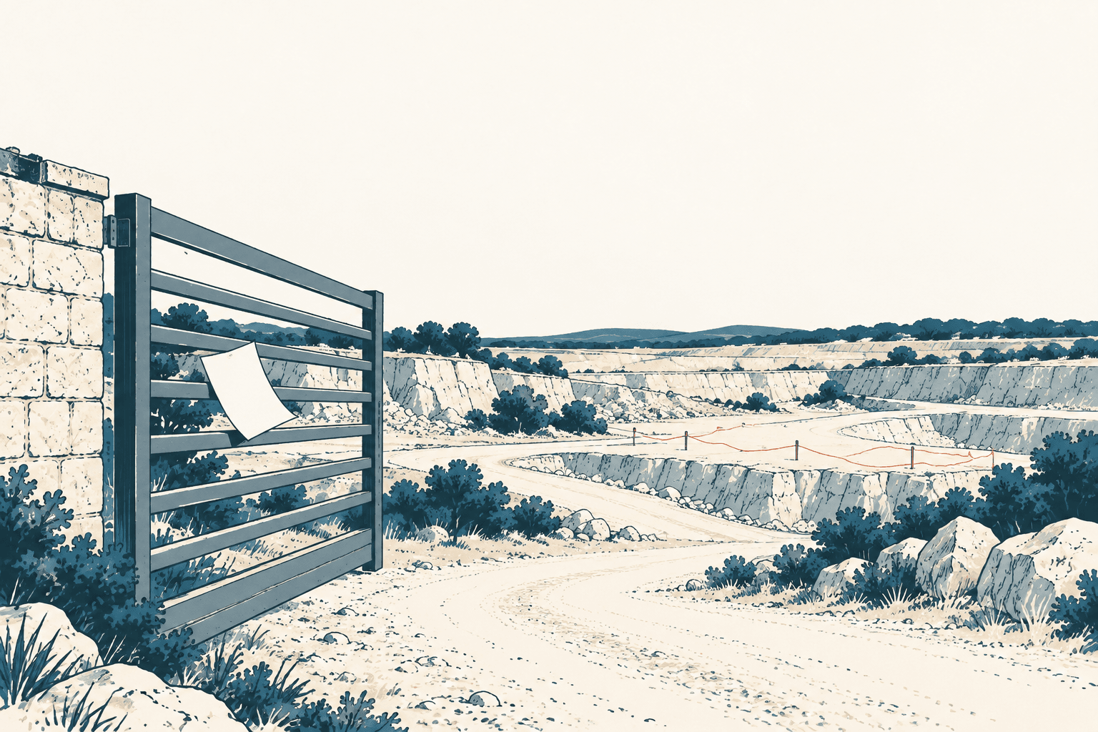 Airy cream, navy and muted-blue illustration of an open metal gate beside a stone wall, overlooking a terraced limestone quarry with a winding dirt road and sparse shrubs.