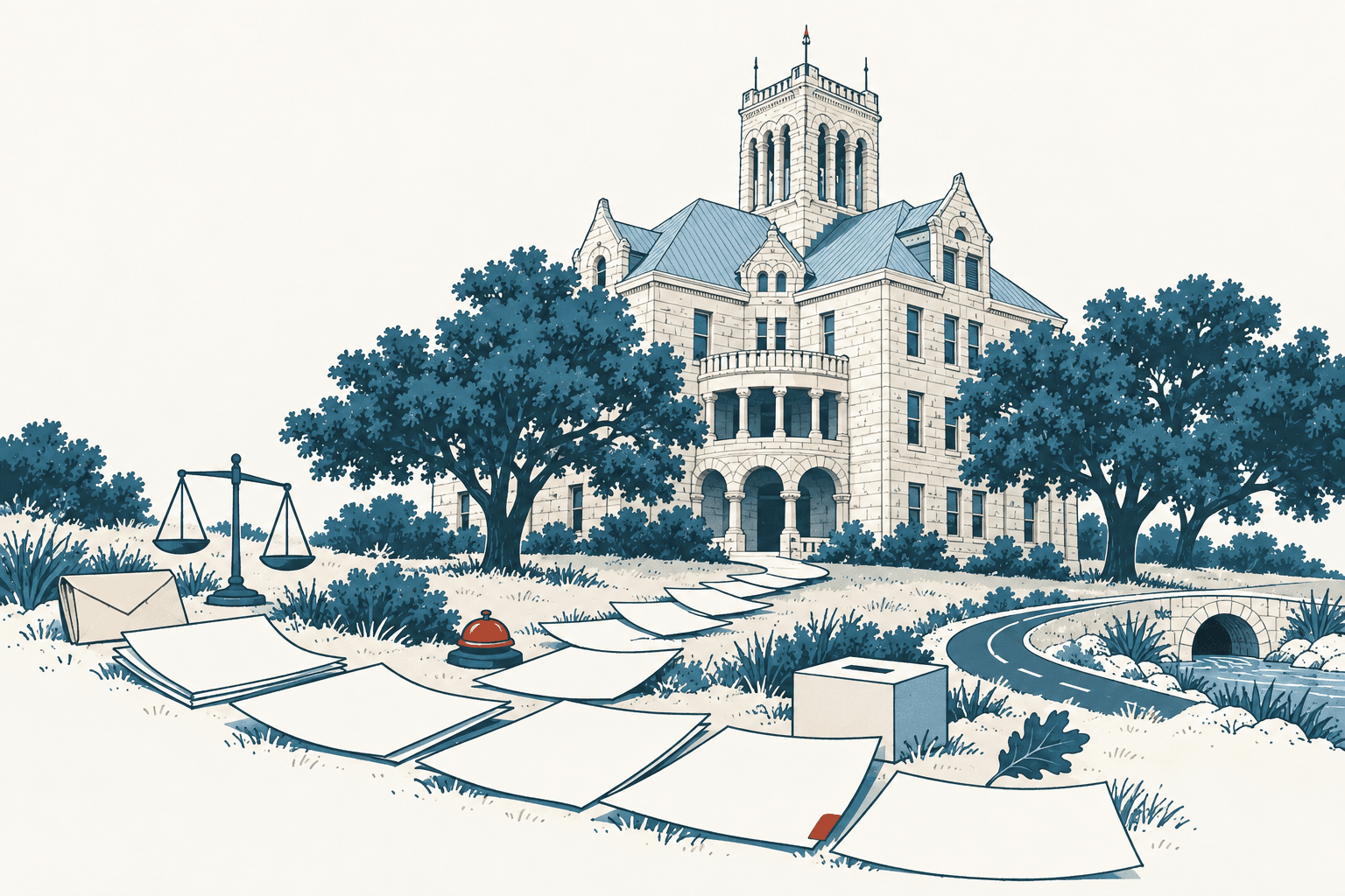 Stylized cream, navy and muted-blue illustration of a county courthouse surrounded by budget papers, scales, a service bell, ballot box, road and bridge.