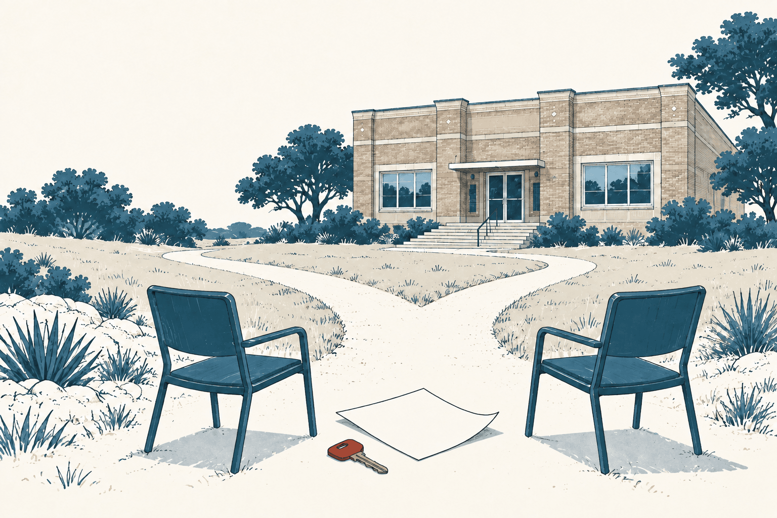 Two empty chairs face a municipal building, with a blank document and key resting beside the walkway.