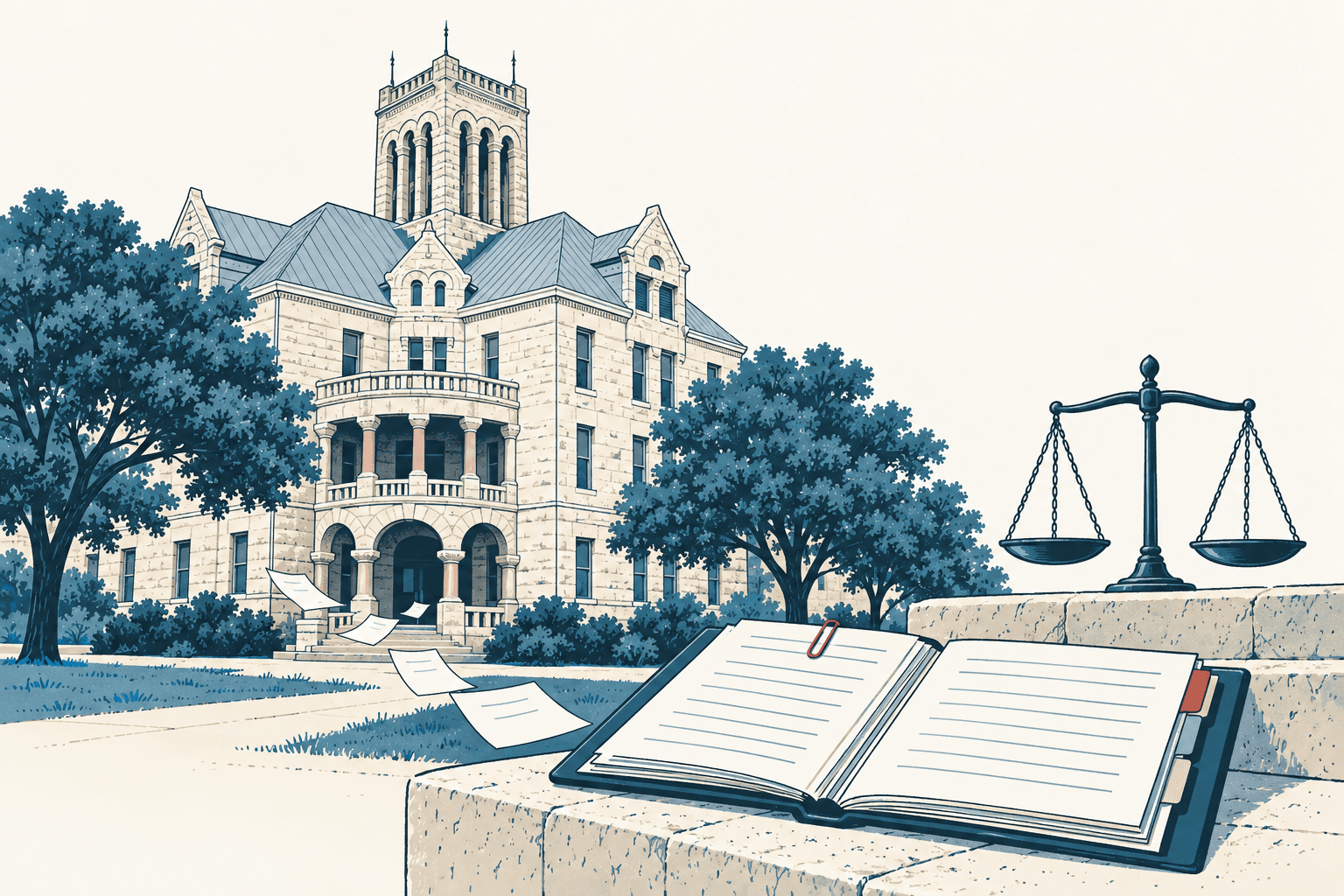 Airy cream and muted-blue illustration of a county courthouse beside an open ledger and balanced scales, with loose papers crossing the lawn.