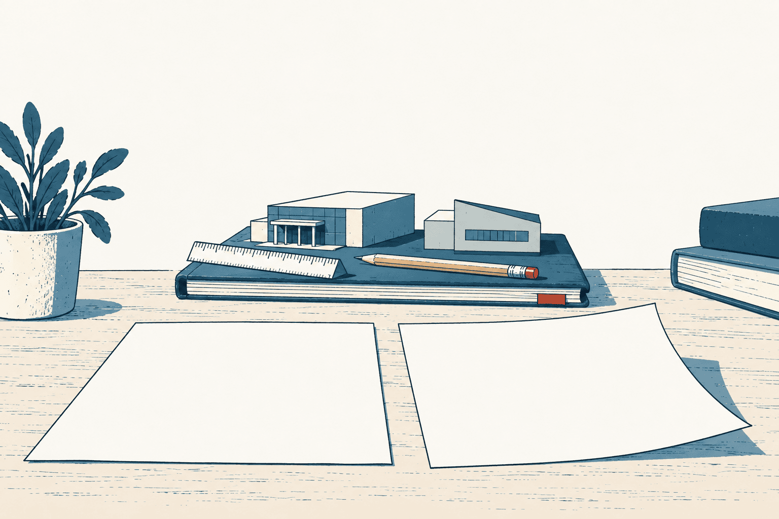 Stylized cream and navy illustration of school building models resting on a notebook beside a ruler and pencil, with blank planning sheets spread across a desk.