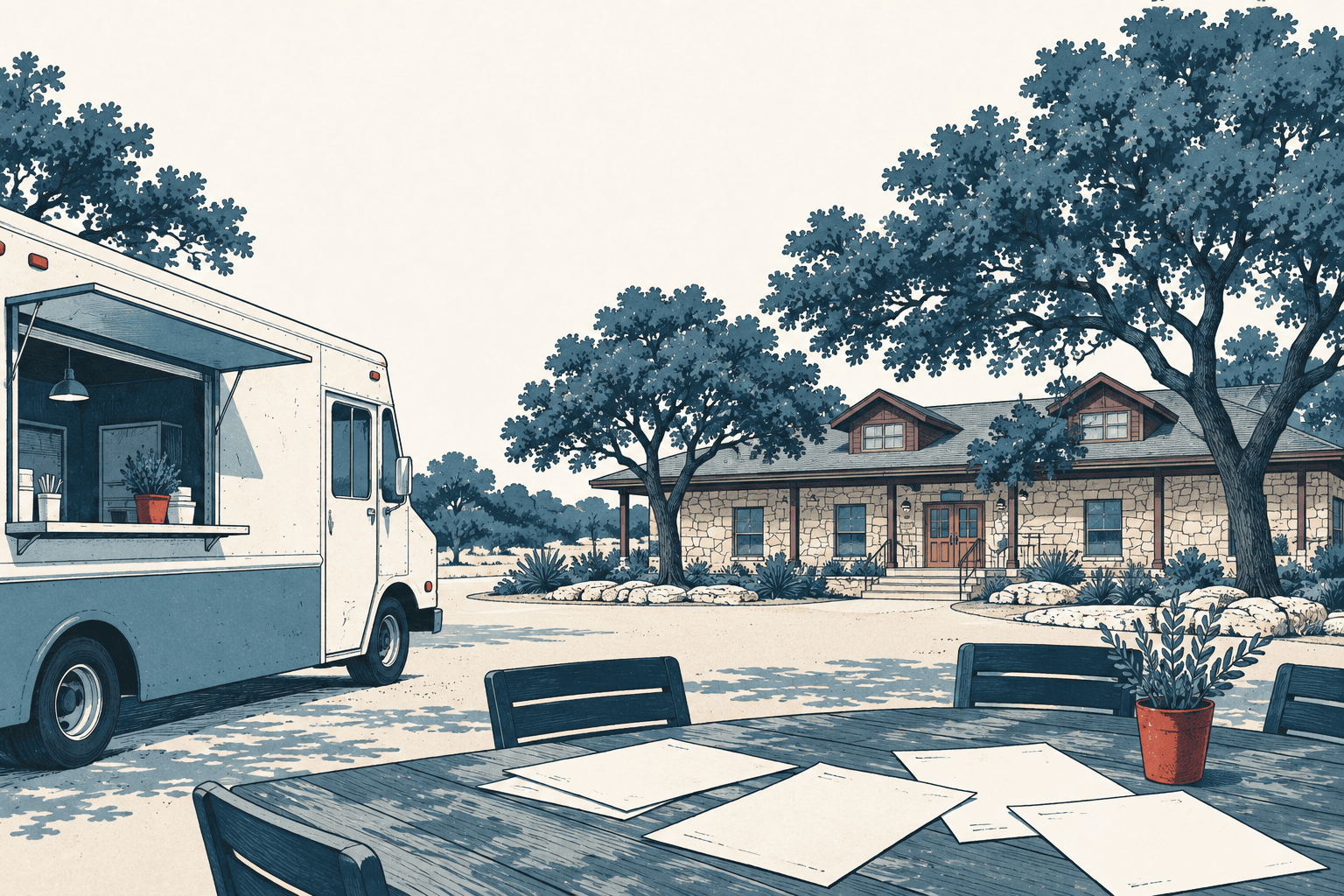 Illustrated food truck beside a tree-lined civic building, with blank papers and a potted plant on an outdoor table.