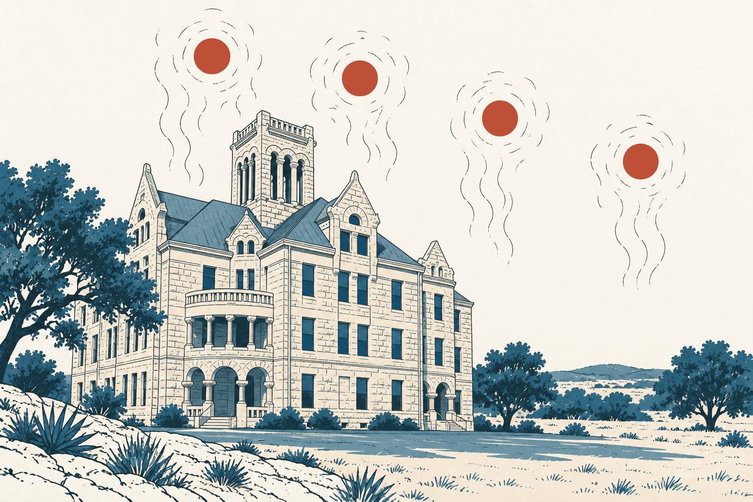 Airy cream-and-navy illustration of a historic county building beneath four red-orange suns with rising heat waves.