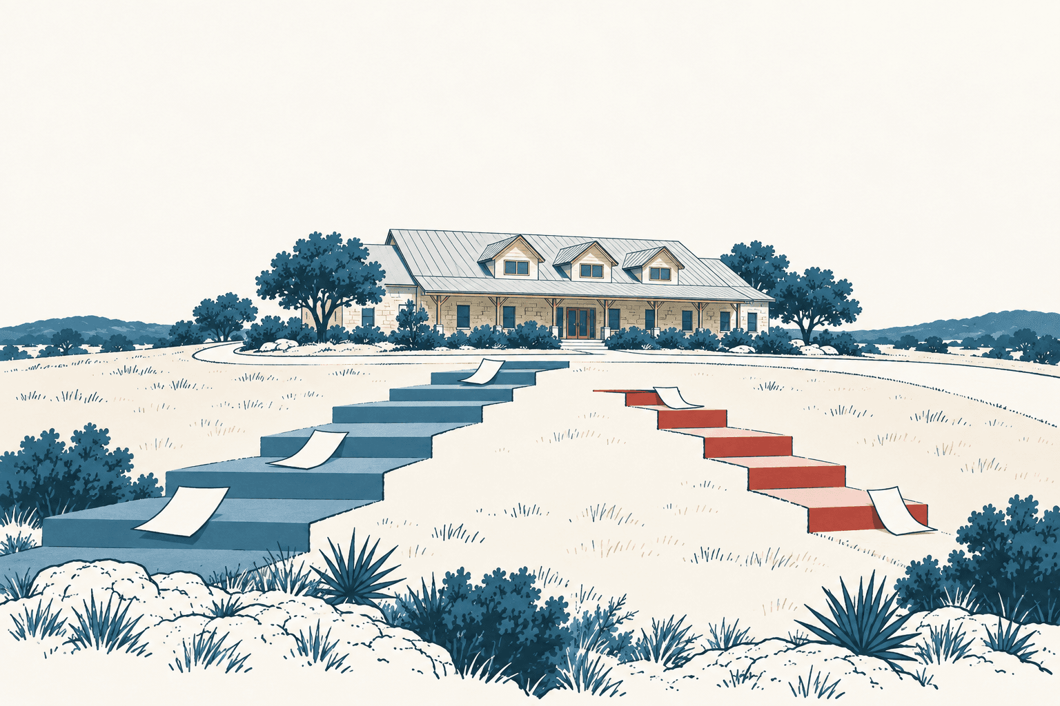 Editorial illustration of a Texas-style municipal building behind two opposing stair-step charts, one blue and rising and one red and descending, with loose sheets of paper on the steps.