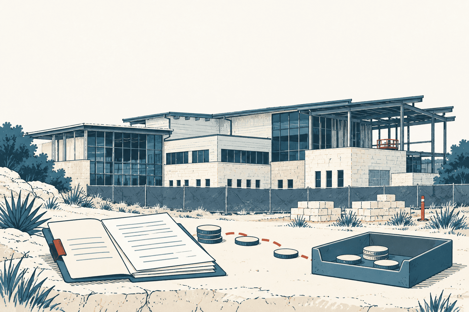 Stylized cream, navy and muted-blue illustration of a school building under construction, with an open contract, coins and a collection tray in the foreground.